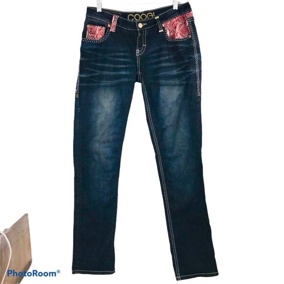 Y2K 1990s COOGI Womens Denim Jeans Pants Red Faux Snake Trim Sz 7/8 - Picture 1 of 4
